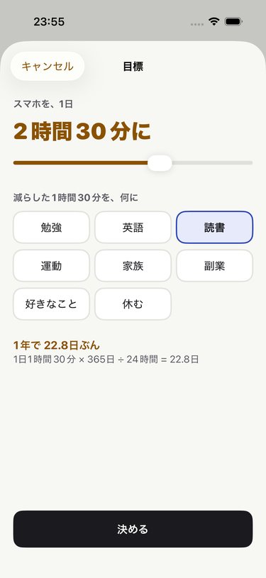 1日を何時間にするかと、減らした分を何に使うかを選ぶ目標の画面